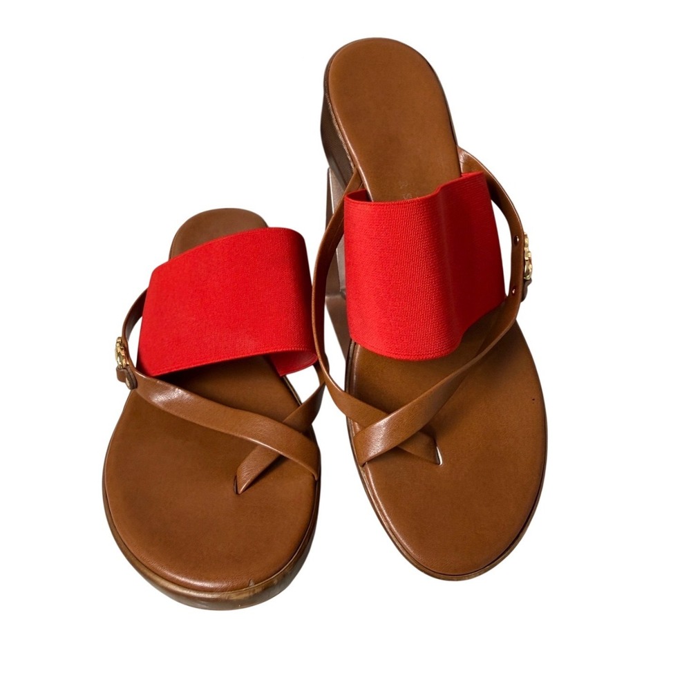 Italian Shoemakers Red Tan Elastic Wedge Sandals Made in Italy Size 8 Womens